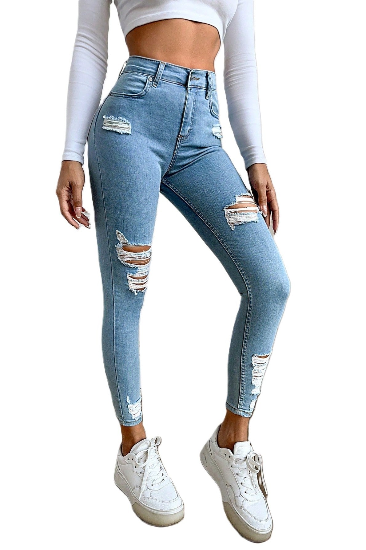 Blugi Dama, Ripped Skinny Jeans, Cu Talie Inalta Si Rupturi