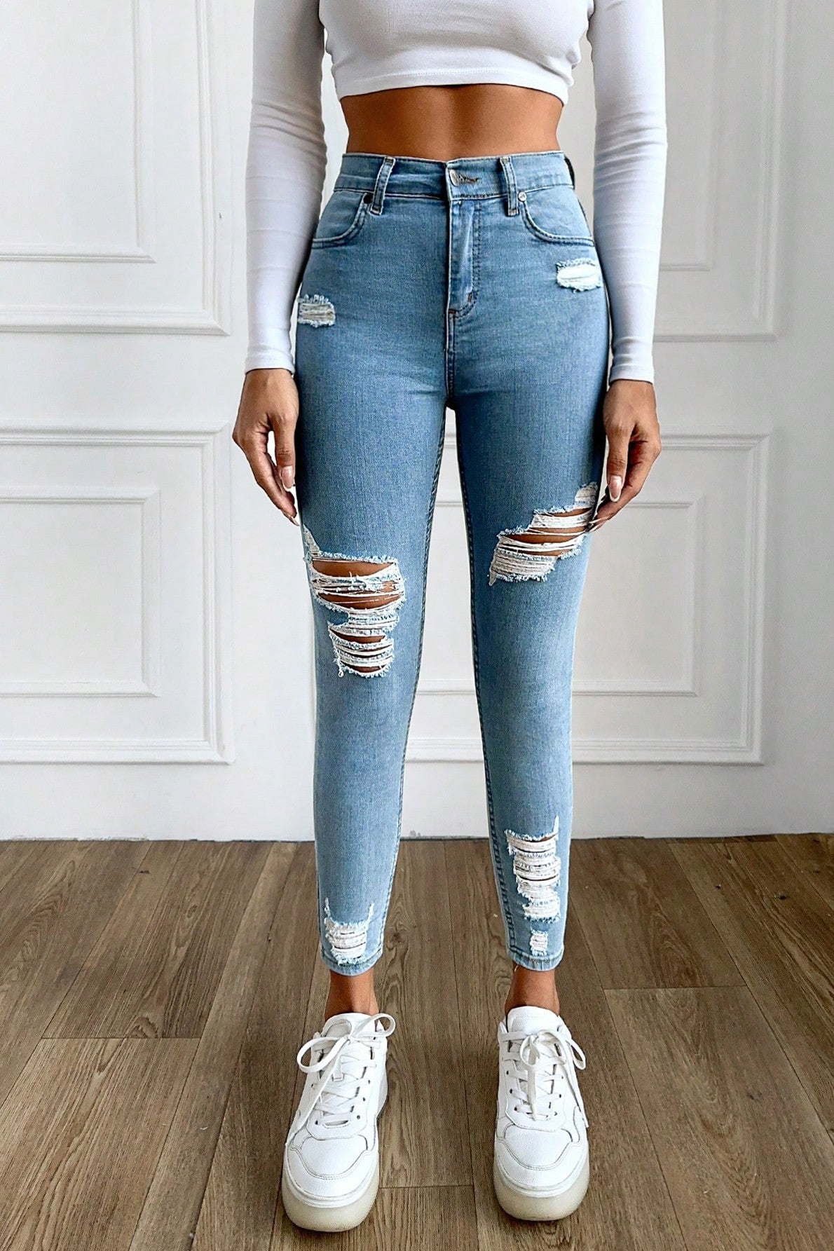 Blugi Dama, Ripped Skinny Jeans, Cu Talie Inalta Si Rupturi