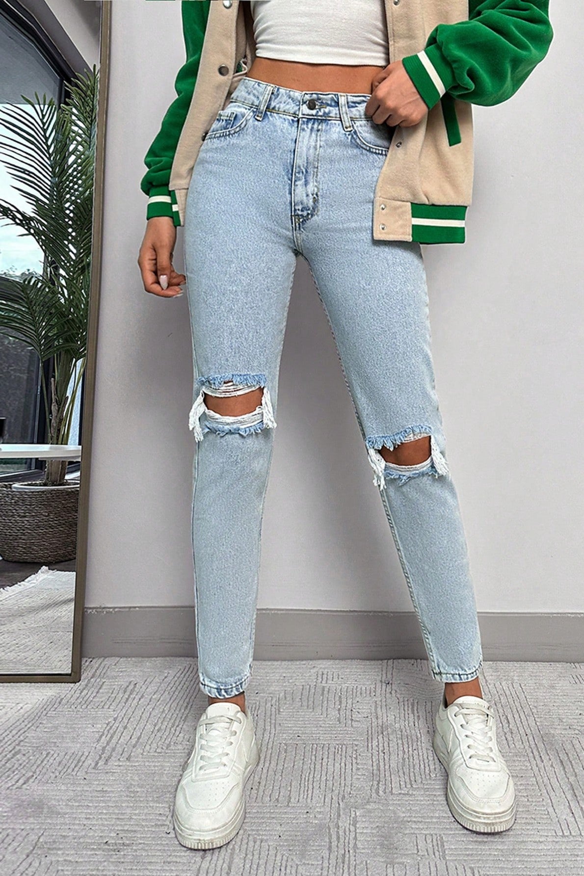 Blugi Dama, Ripped Skinny Jeans, cu Talie Inalta Si Rupturi