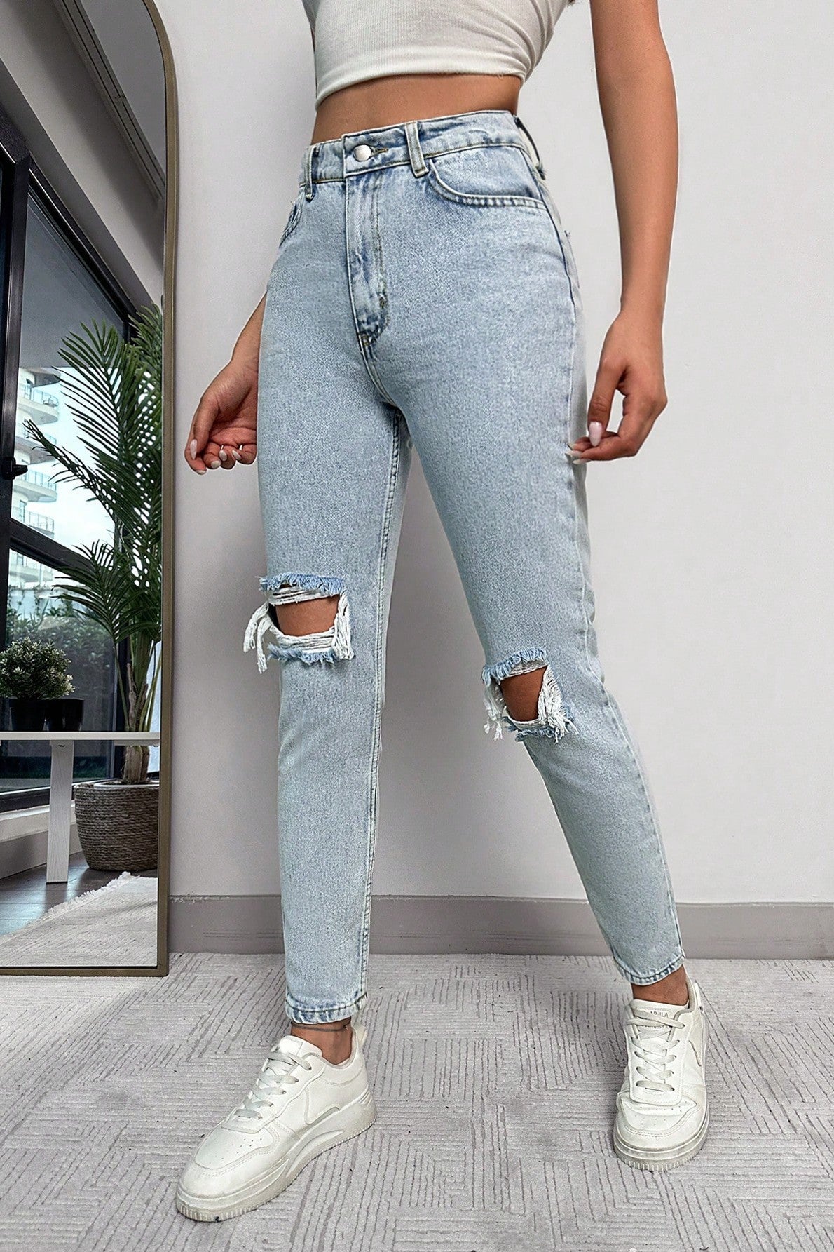 Blugi Dama, Ripped Skinny Jeans, cu Talie Inalta Si Rupturi
