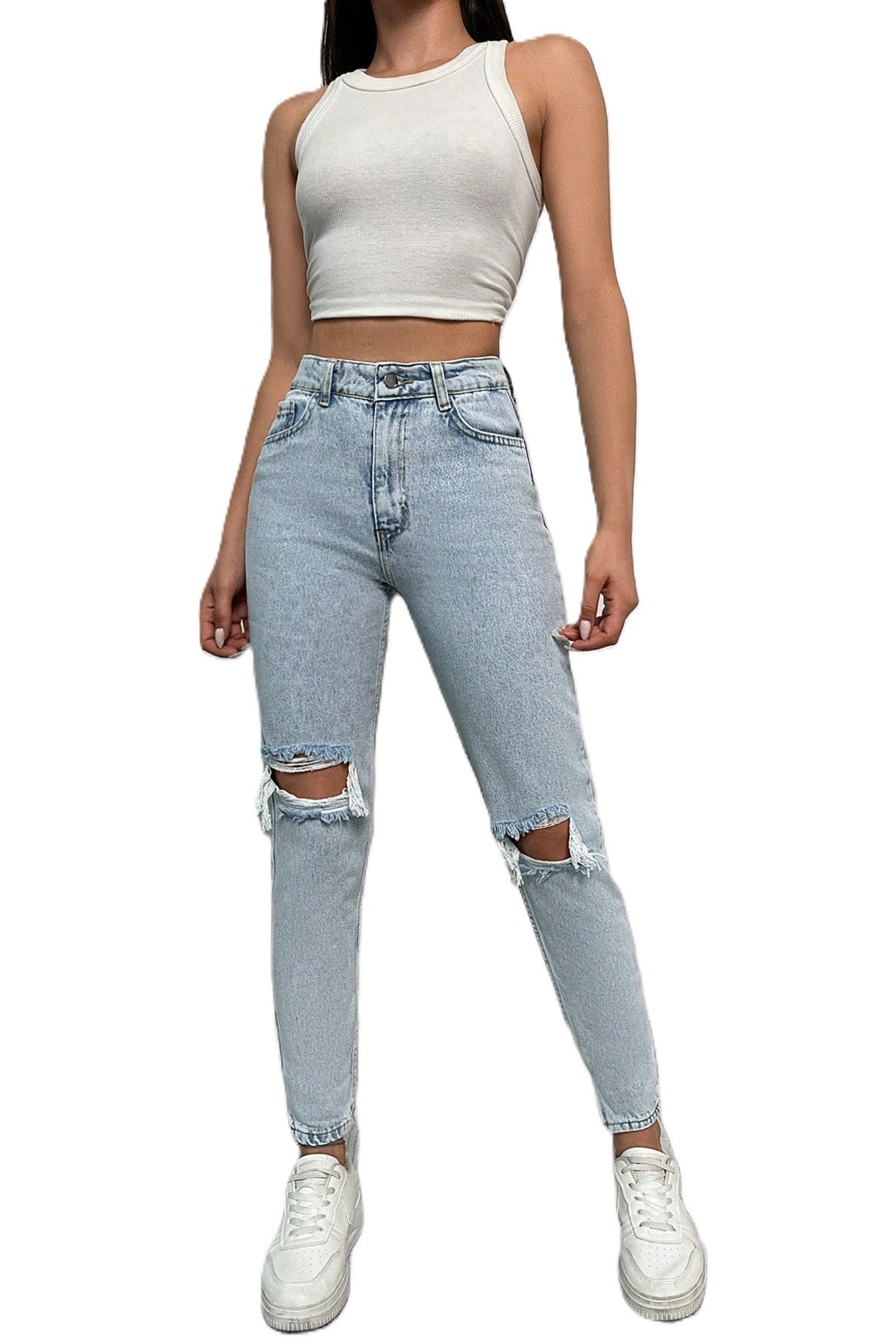 Blugi Dama, Ripped Skinny Jeans, cu Talie Inalta Si Rupturi