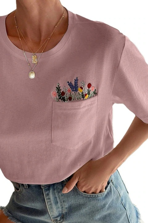 Tricou Dama, Bumbac, Cu Buzunar; Borderie Buchet Flori