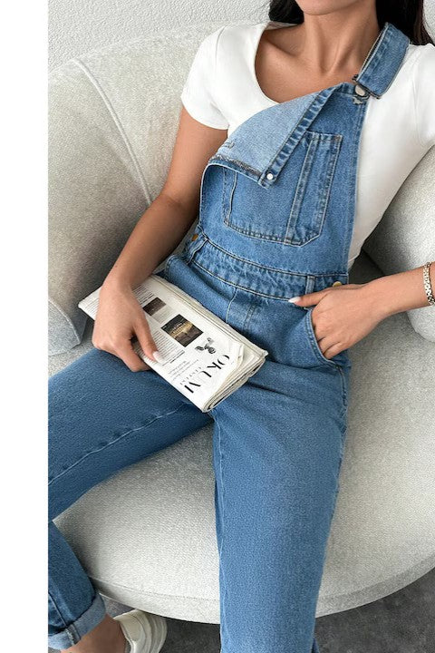 Salopeta Denim Dama, Buzunare Oblice, Bretele, Si Nasturi Laterali