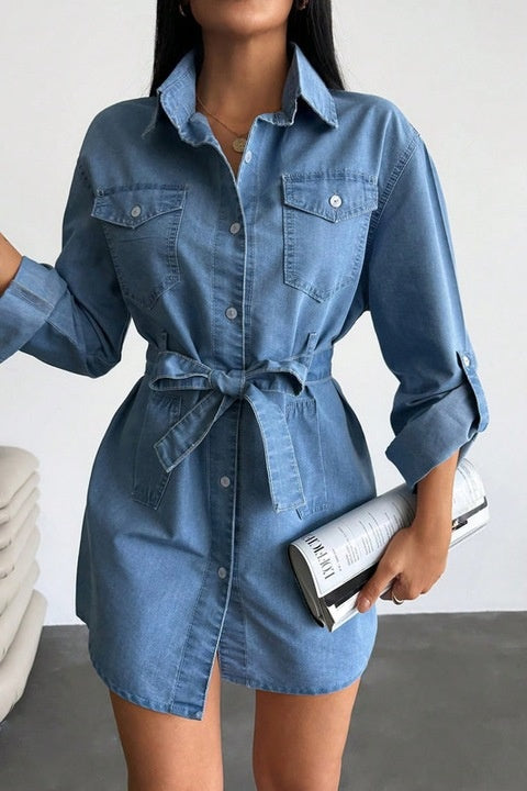 Rochie Dama, Denim, Tip Camasa, Cu Nasturi Si Cordon In Talie