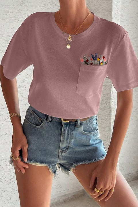 Tricou Dama, Bumbac, Cu Buzunar; Borderie Buchet Flori