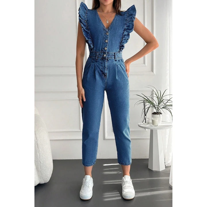 Salopeta Dama, Din Denim, Cu Volane La Umeri
