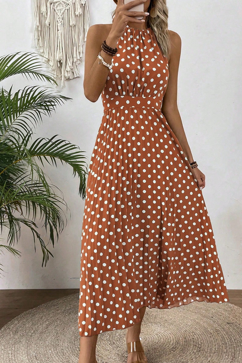Rochie Dama, Lunga, Fara Maneci, Imprimeu Cu Buline