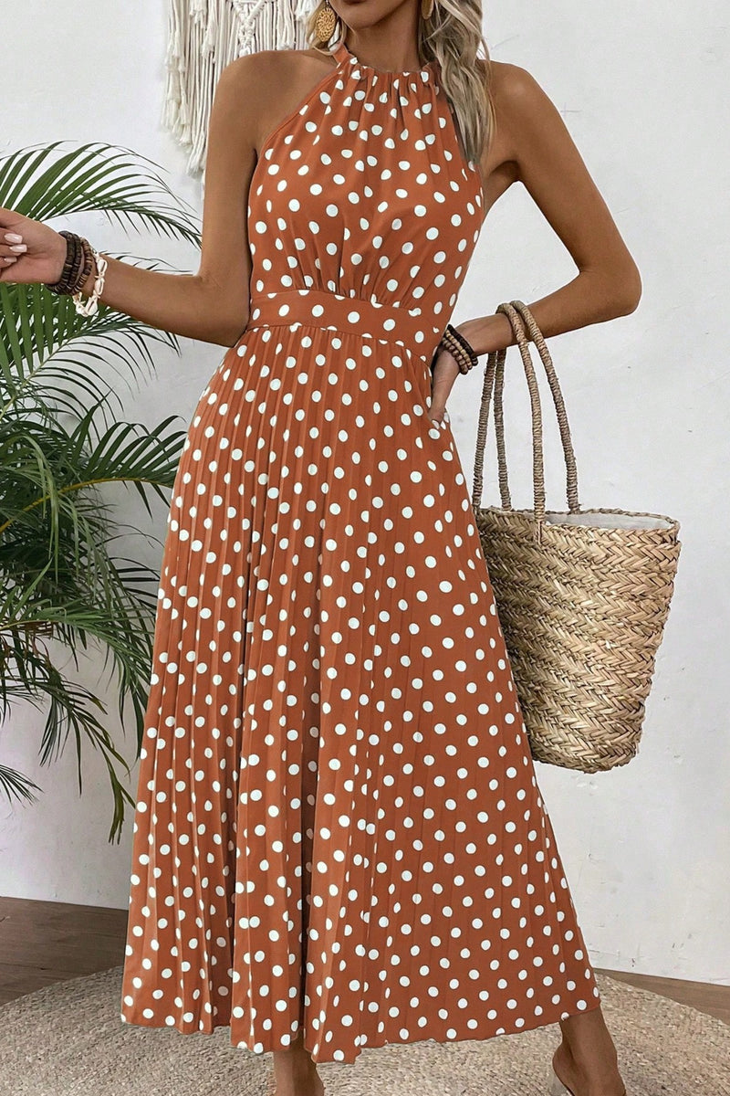 Rochie Dama, Lunga, Fara Maneci, Imprimeu Cu Buline
