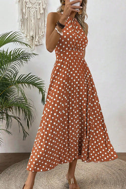 Rochie Dama, Lunga, Fara Maneci, Imprimeu Cu Buline
