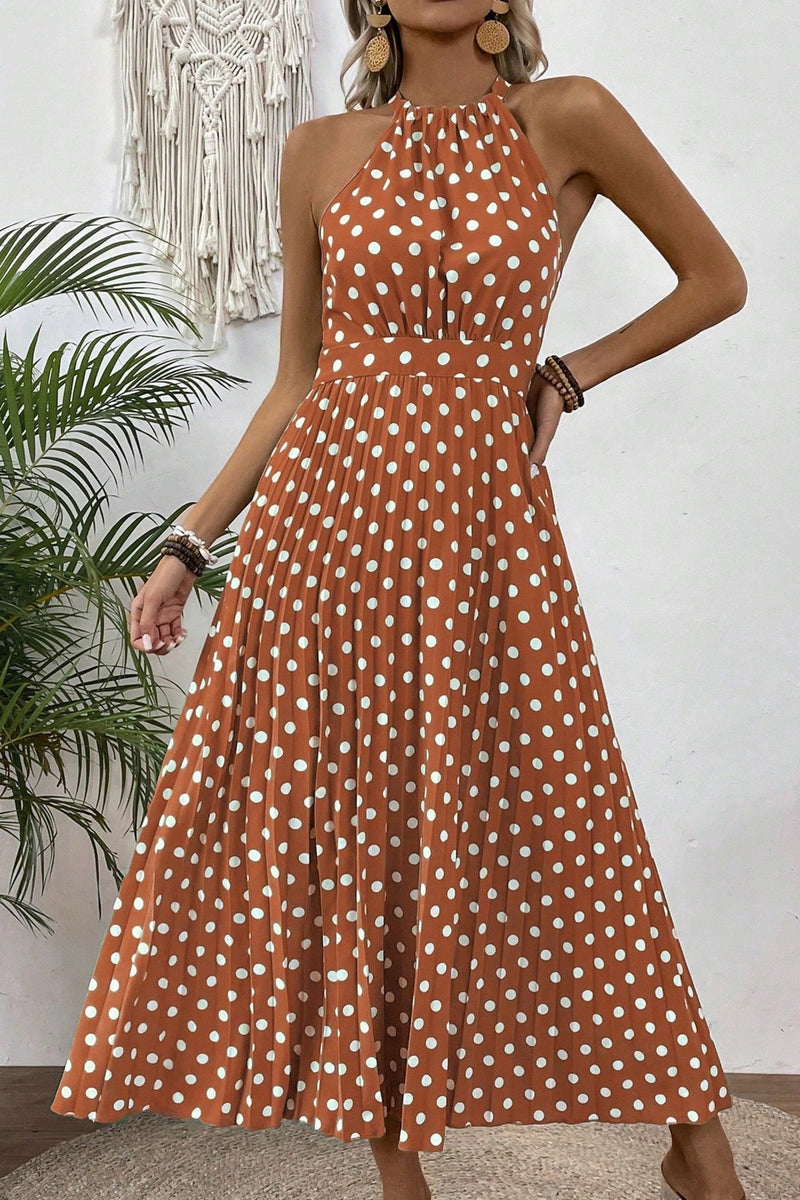 Rochie Dama, Lunga, Fara Maneci, Imprimeu Cu Buline