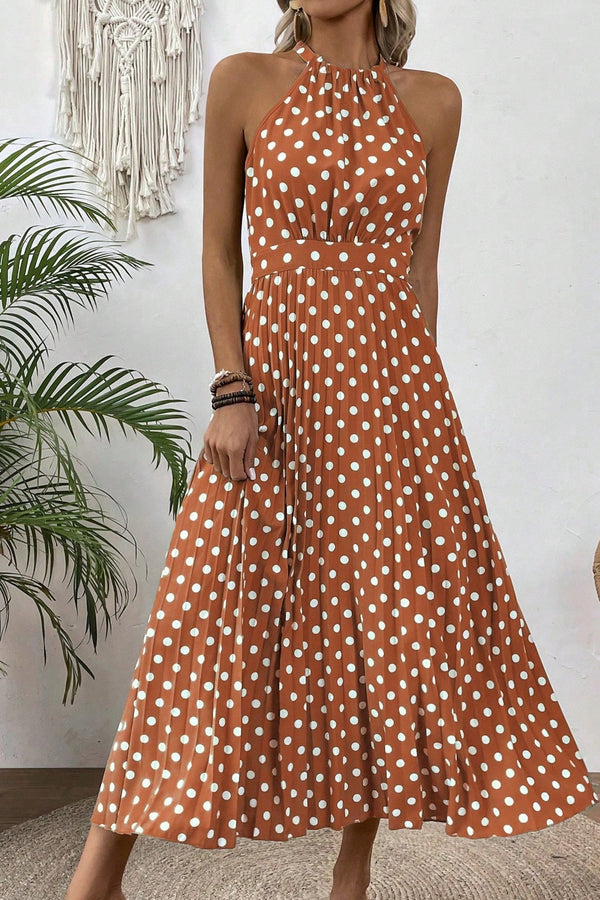 Rochie Dama, Lunga, Fara Maneci, Imprimeu Cu Buline