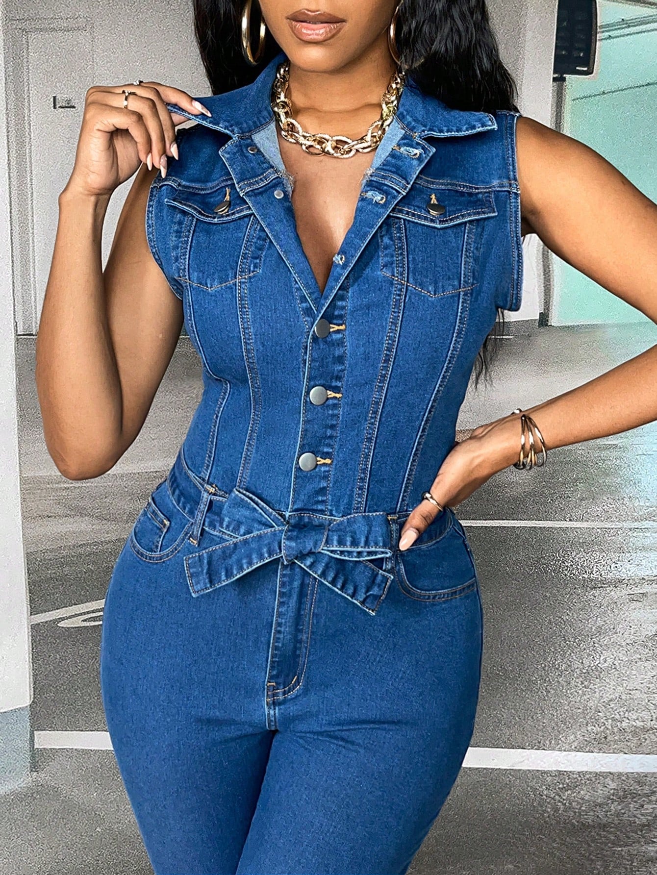 Salopeta Denim Dama, Croiala Slim-Fit