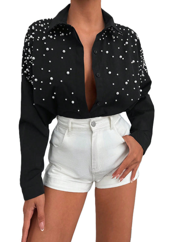 Camasa Dama, Bumbac, Casual, Eleganta, Decorata Cu Perle Si Margele