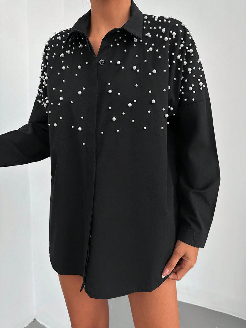 Camasa Dama, Bumbac, Casual, Eleganta, Decorata Cu Perle Si Margele