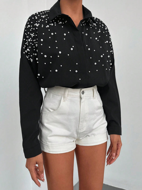 Camasa Dama, Bumbac, Casual, Eleganta, Decorata Cu Perle Si Margele