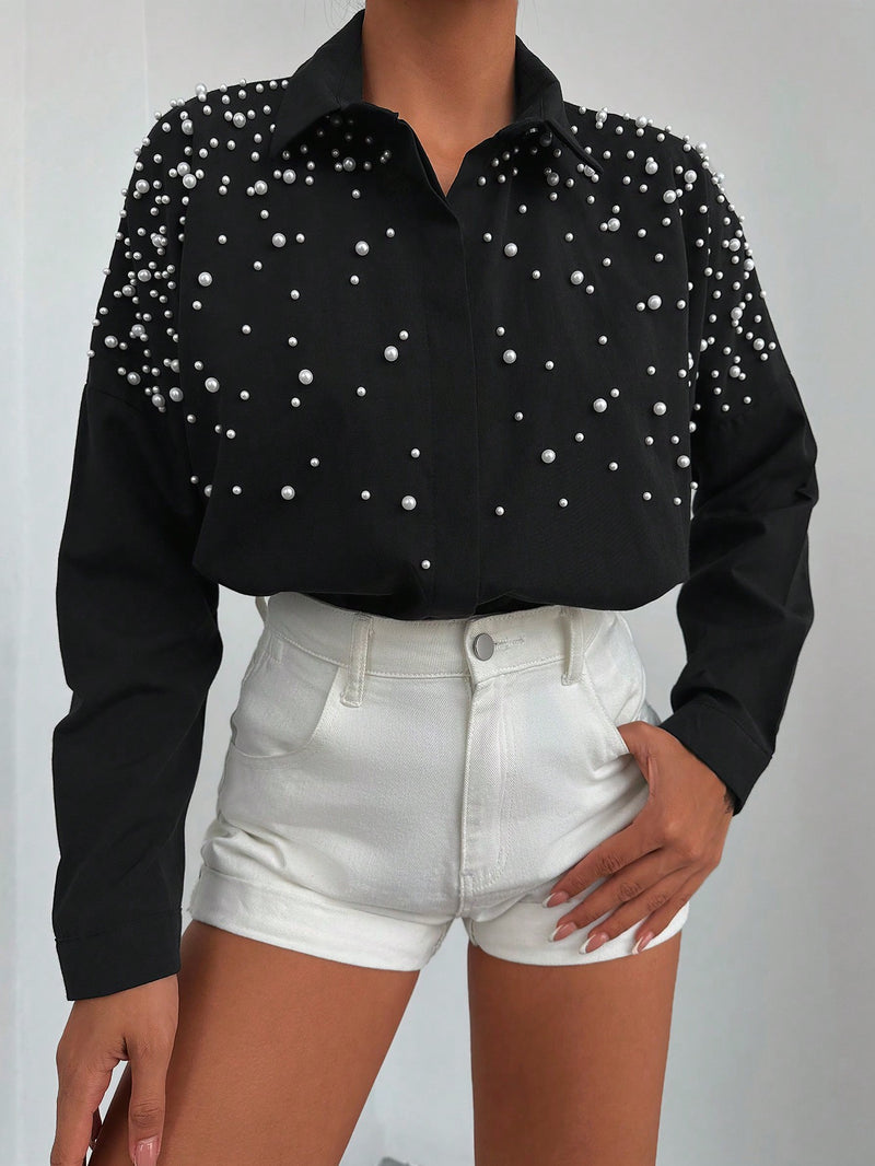 Camasa Dama, Bumbac, Casual, Eleganta, Decorata Cu Perle Si Margele