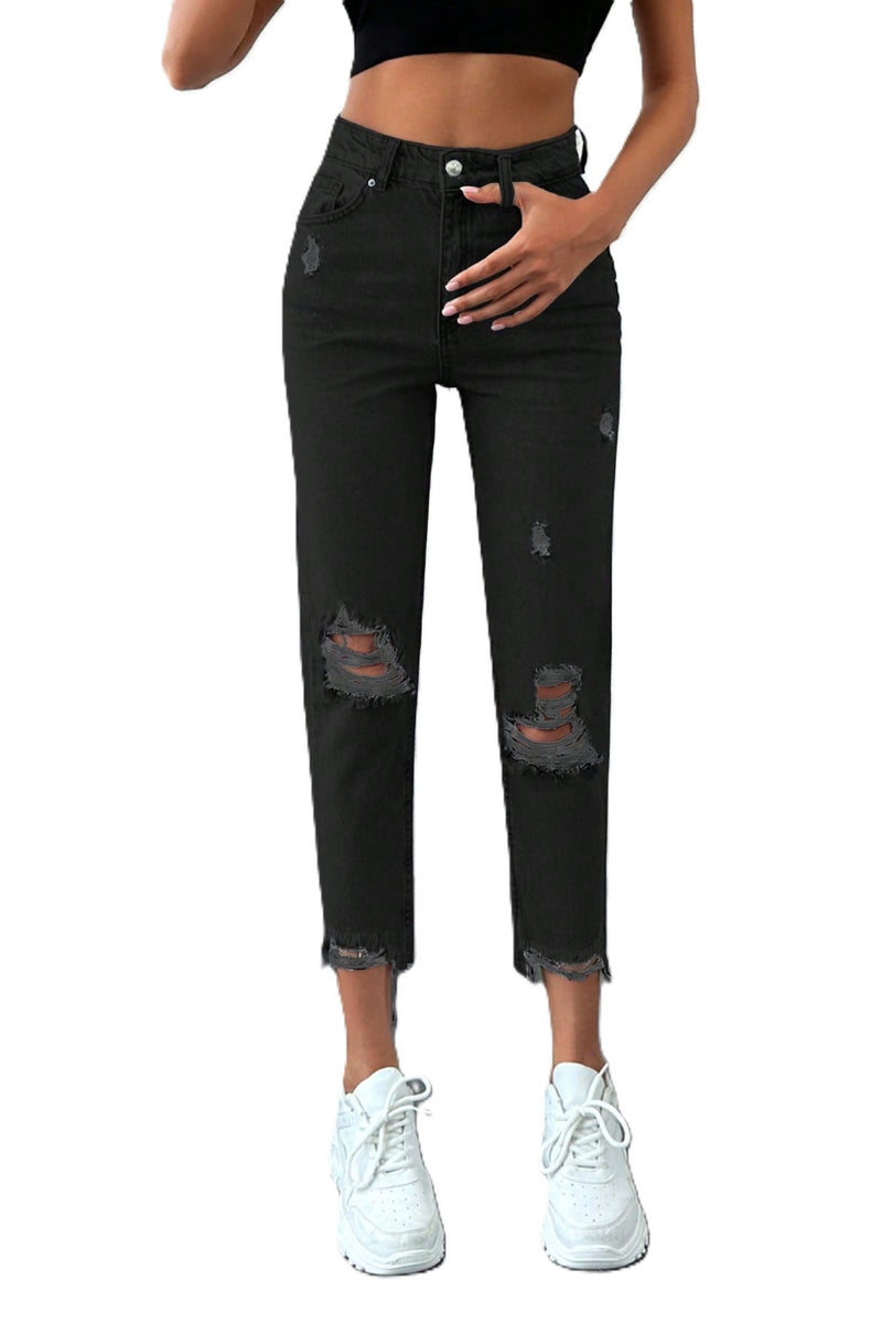 Blugi Dama, Croiala Cropped Mom Fit, Tiv Nefinisat Si Rupturi
