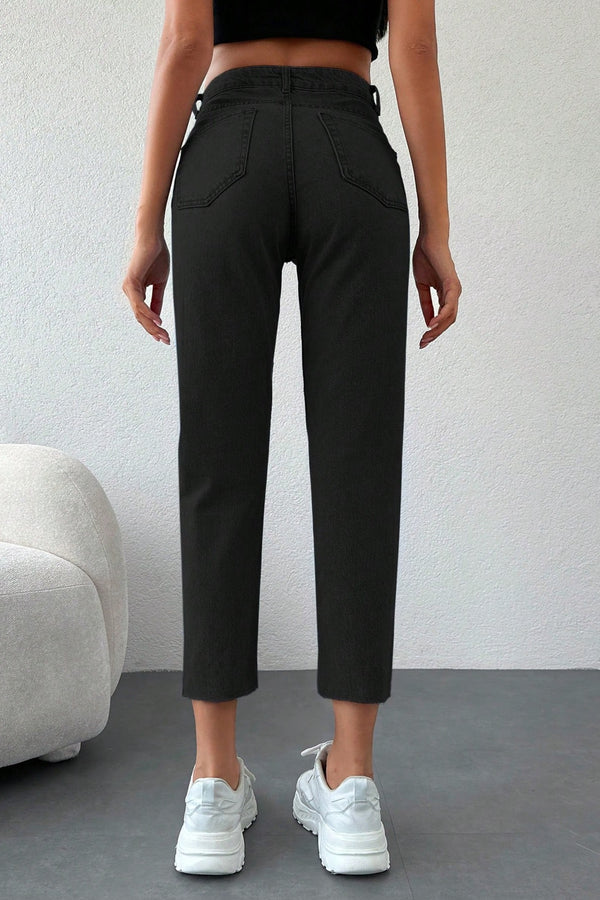 Blugi Dama, Croiala Cropped Mom Fit, Tiv Nefinisat Si Rupturi