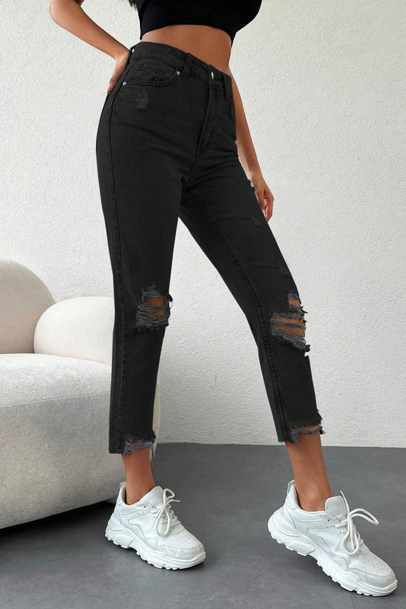Blugi Dama, Croiala Cropped Mom Fit, Tiv Nefinisat Si Rupturi