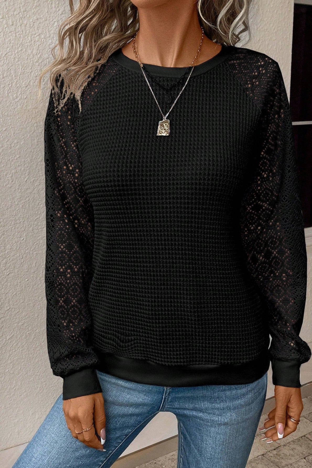 Bluza Dama, Fara Gluga, Tricotat Raglan, Cu Maneci In Dantela Contrastanta