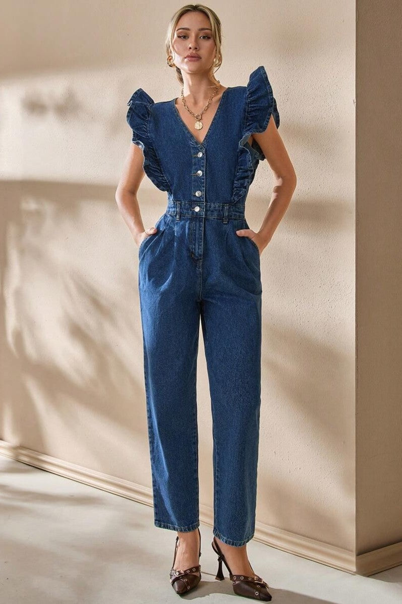 Salopeta Dama, Din Denim, Cu Volane La Umeri