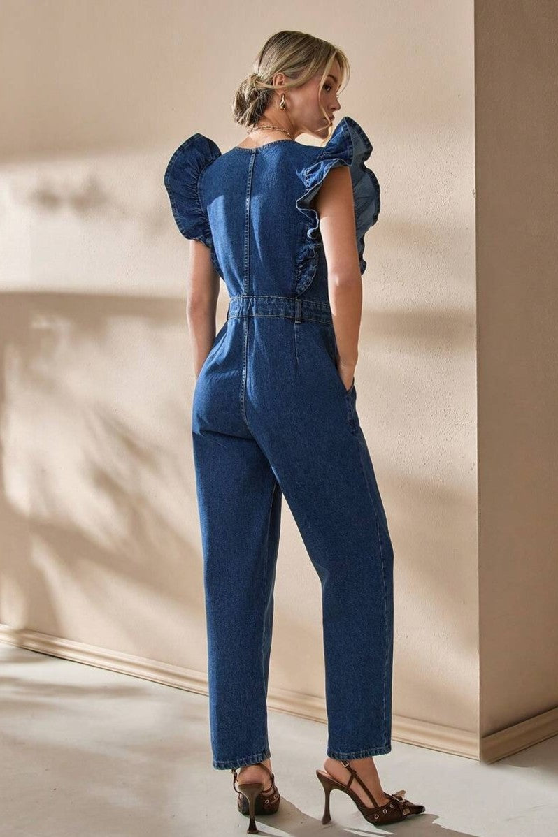 Salopeta Dama, Din Denim, Cu Volane La Umeri