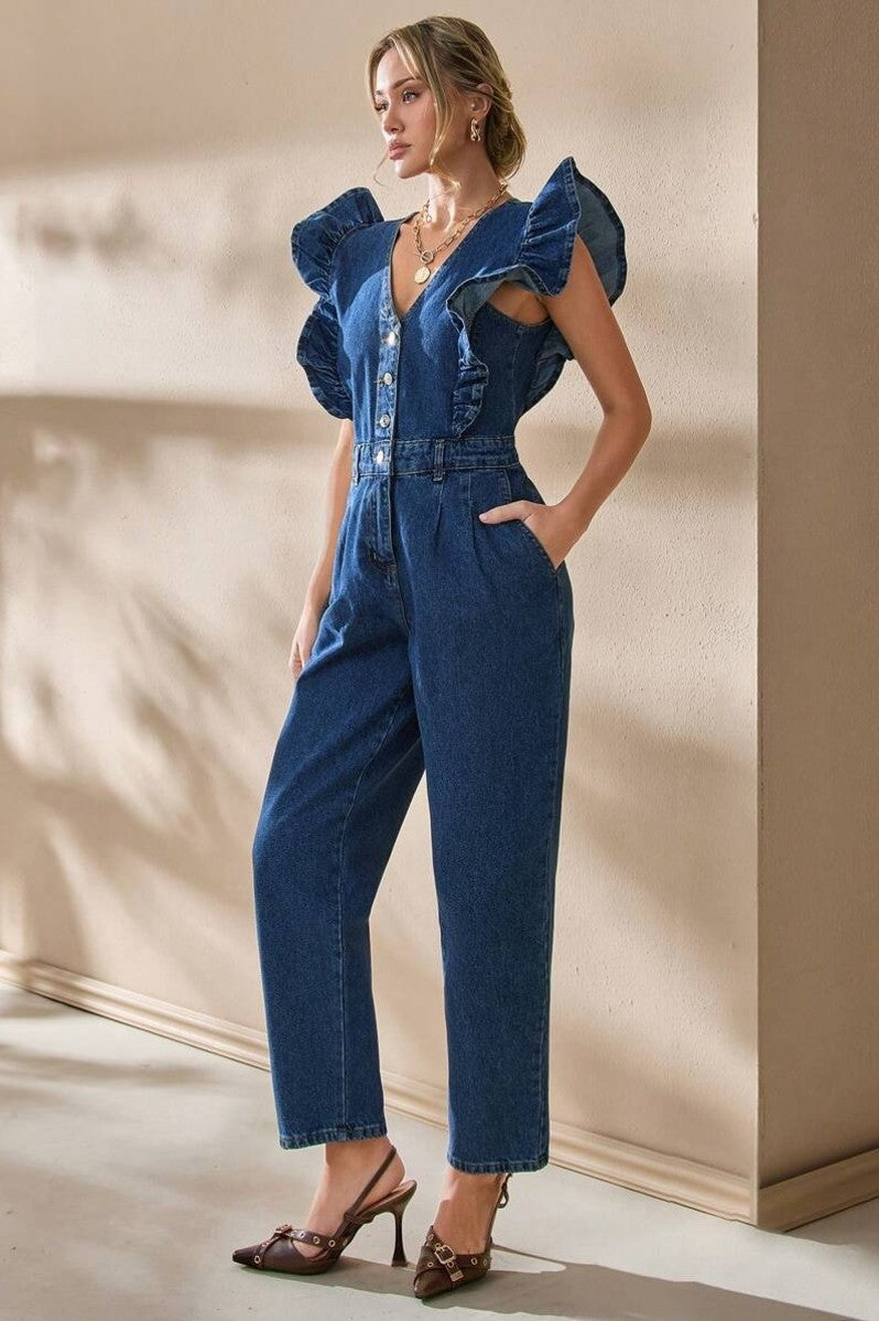 Salopeta Dama, Din Denim, Cu Volane La Umeri