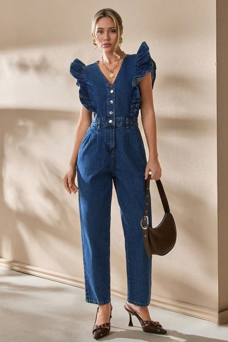 Salopeta Dama, Din Denim, Cu Volane La Umeri