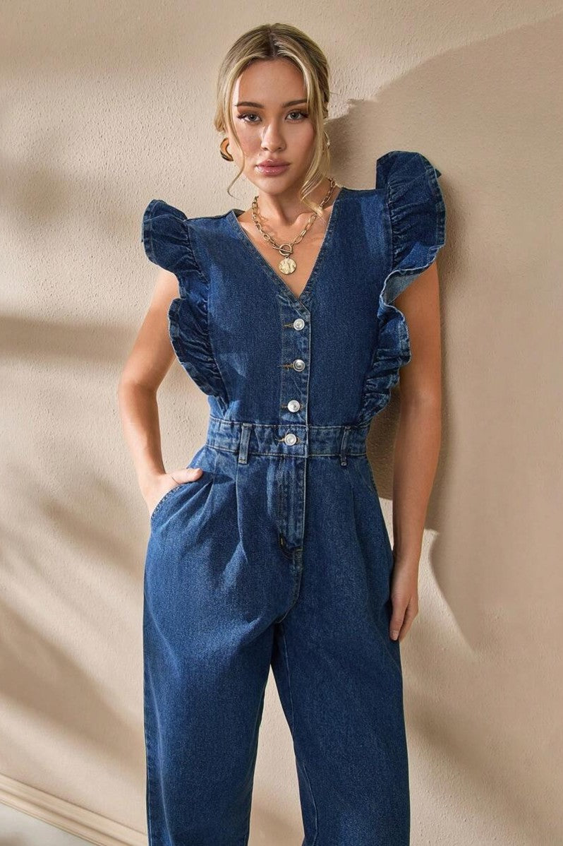 Salopeta Dama, Din Denim, Cu Volane La Umeri