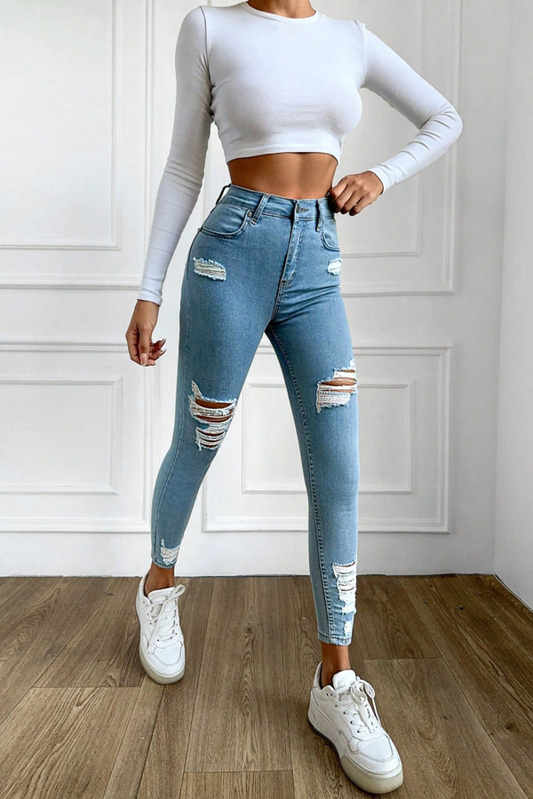 Blugi Dama, Ripped Skinny Jeans, Cu Talie Inalta Si Rupturi