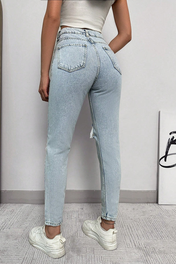 Blugi Dama, Ripped Skinny Jeans, cu Talie Inalta Si Rupturi