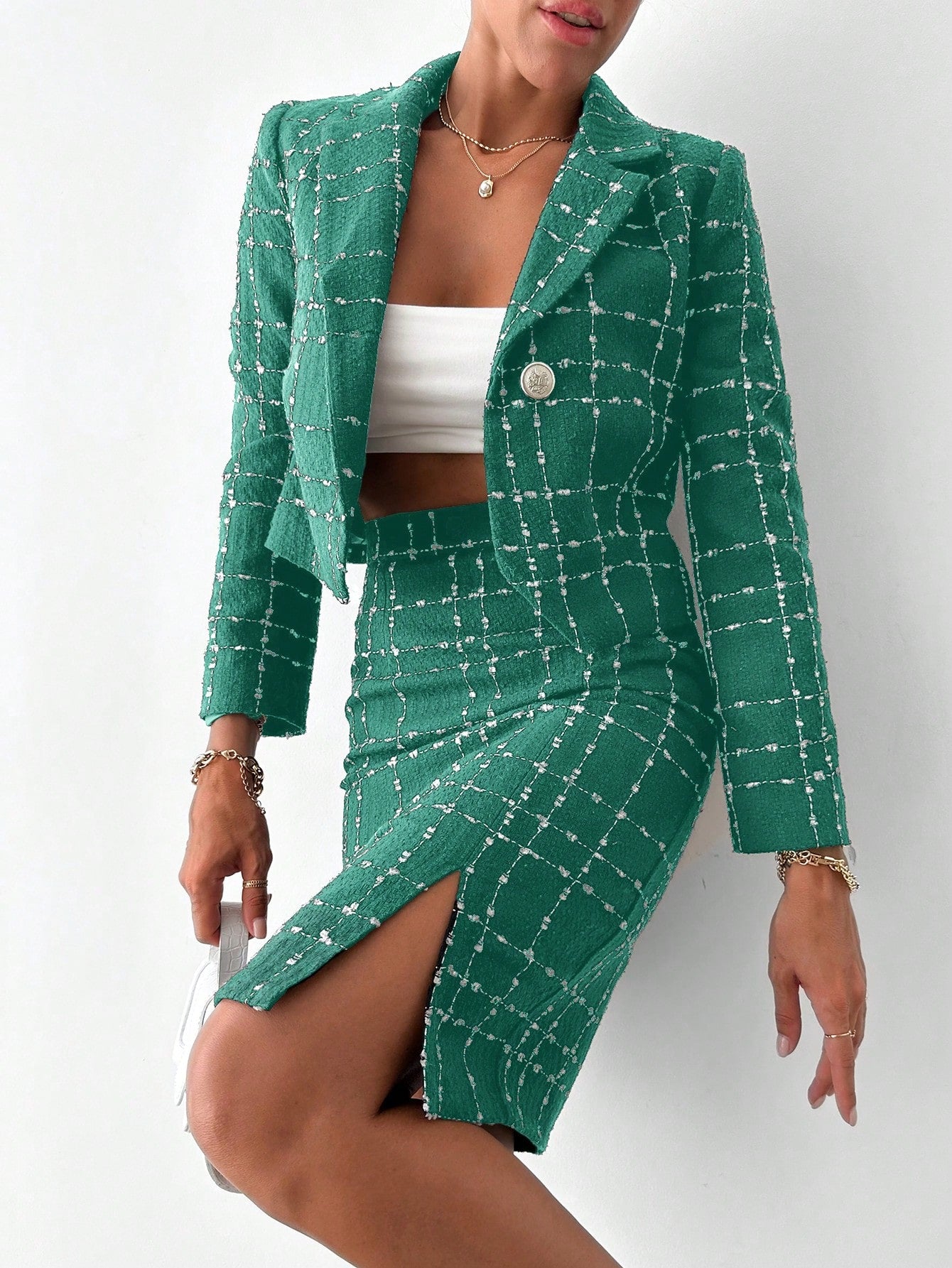 Fusta Dama Din Tweed Cu Model Tartan Si Despicatura In Fata