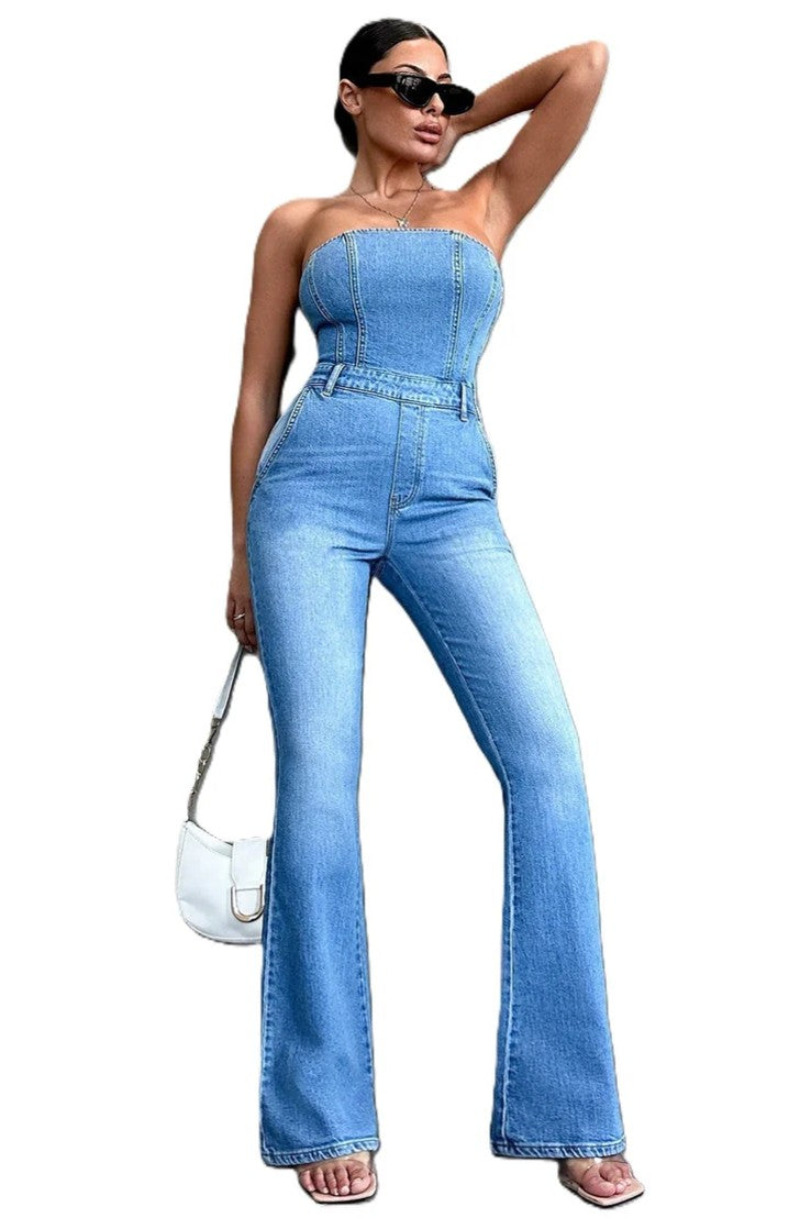 Salopeta Denim Dama, Croiala Slim Fit, Fara Bretele Si Evazata