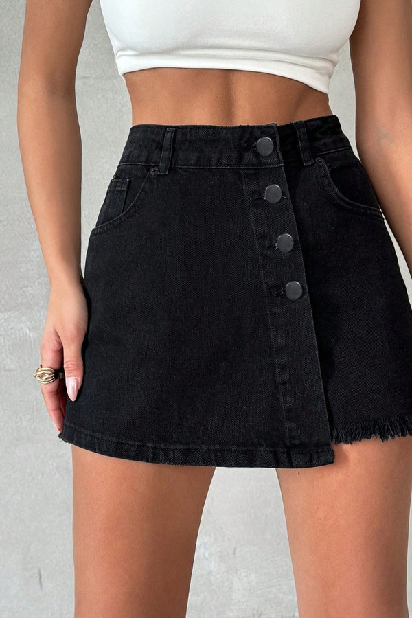 Blugi Scurti Dama, Tip Skort/Fusta, Cu Talie Inalta si Tiv Nefinisat