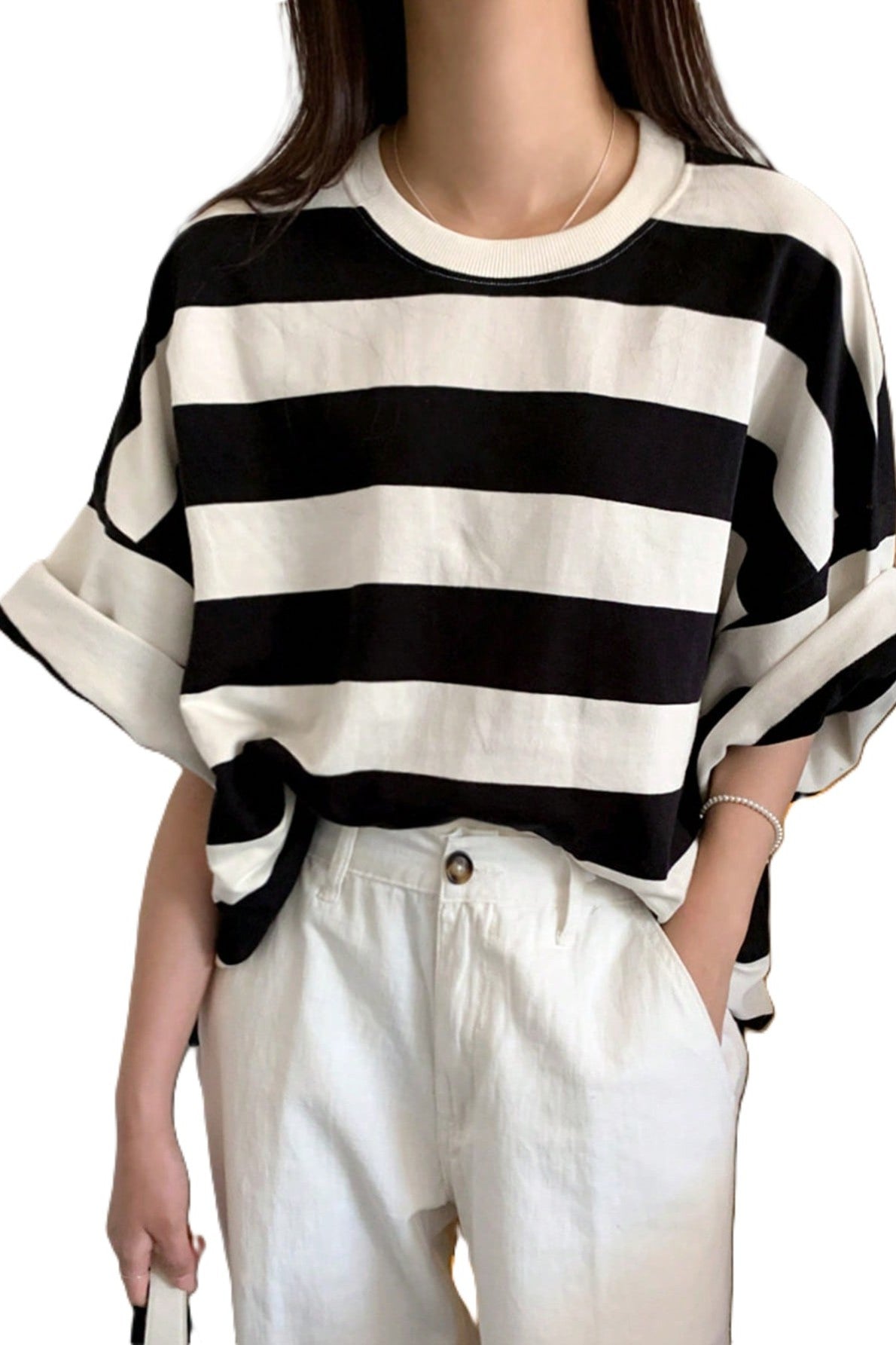 Tricou Dama, Oversize, Bumbac, Casual Dungi Contrastante