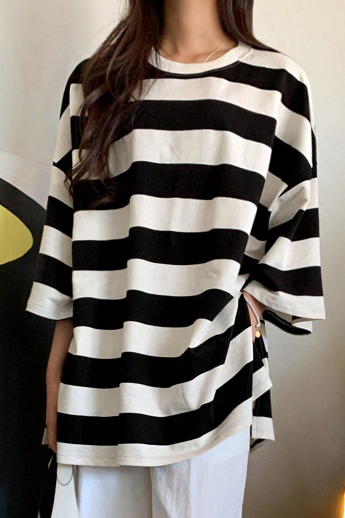 Tricou Dama, Oversize, Bumbac, Casual Dungi Contrastante