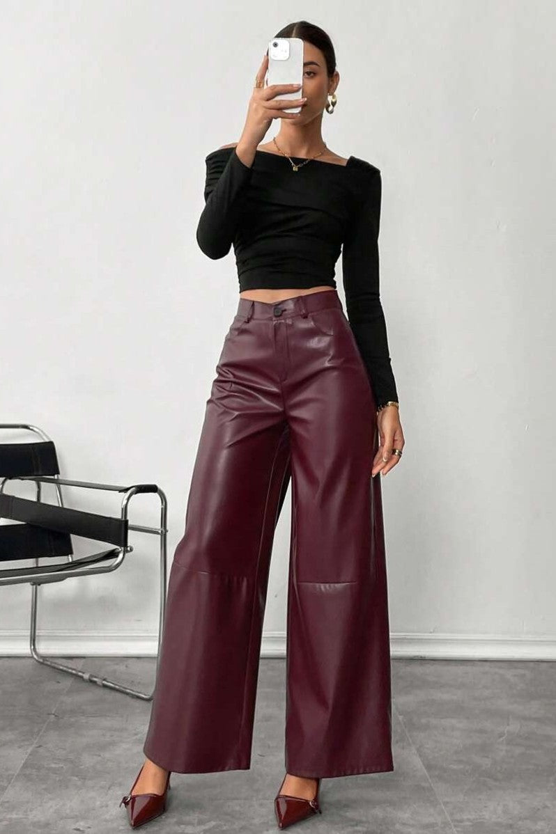 Pantaloni Dama, Piele Ecologica, Talie Inalta, Picior Evazat