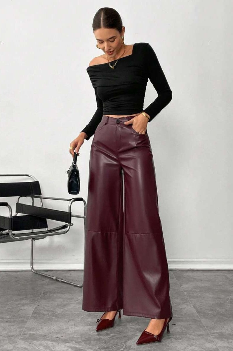 Pantaloni Dama, Piele Ecologica, Talie Inalta, Picior Evazat