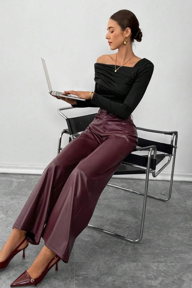 Pantaloni Dama, Piele Ecologica, Talie Inalta, Picior Evazat