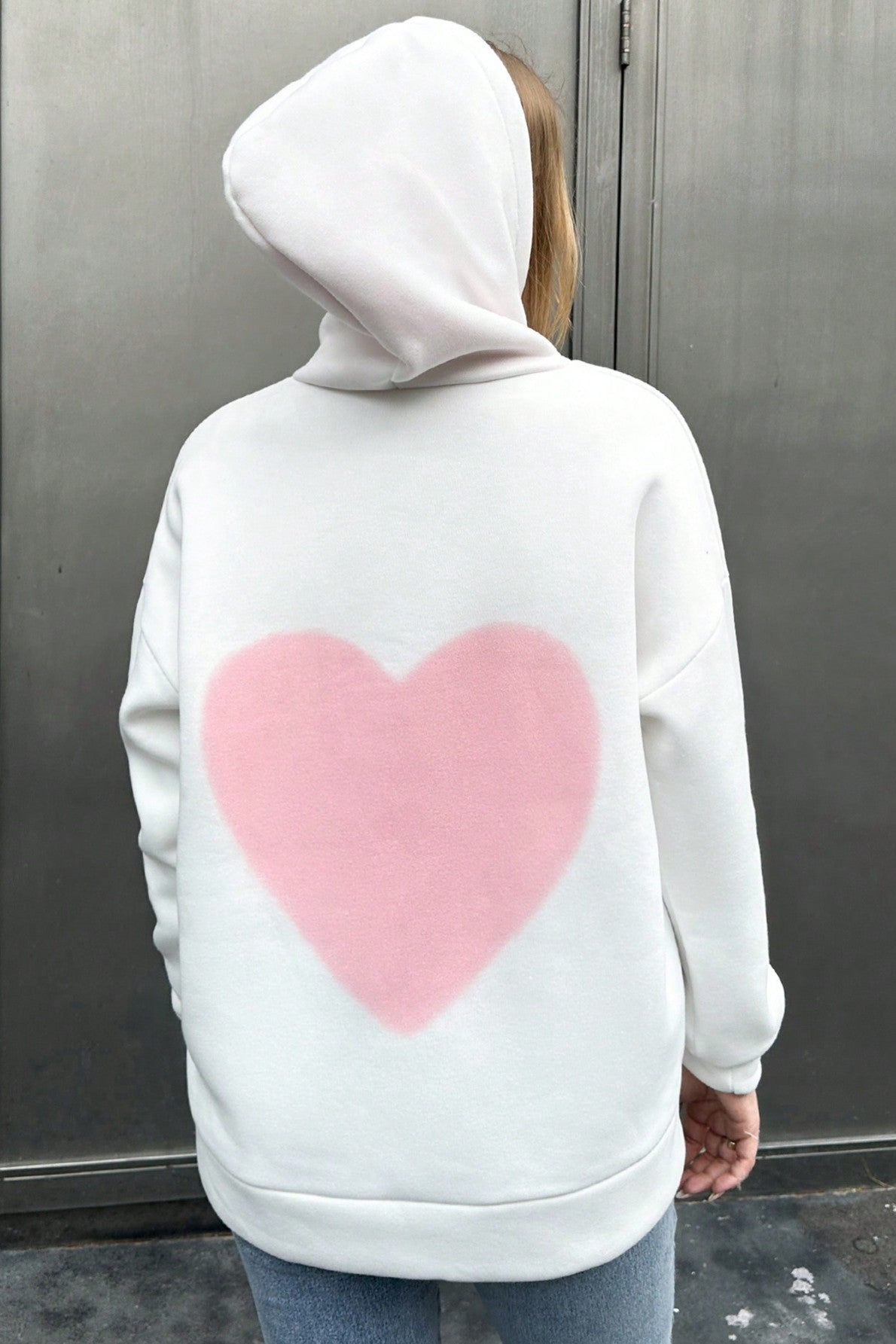 Hanorac Dama, Classic, Cu Gluga, Imprimeu Inima Roz