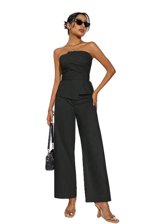 Set Dama, Top Fara Bretele Si Pantaloni Cu Talie Inalta, Culoare Solida