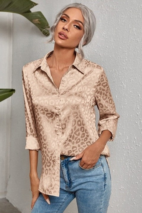 Camasa Dama, Eleganta, Satin, Cu Jacquard Leopard Print