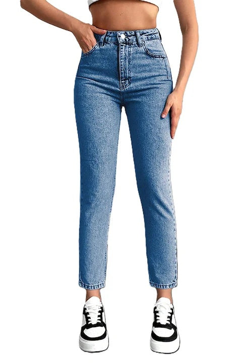 Blugi Dama, Croiala Cropped Mom-Fit Si Culoare Solida