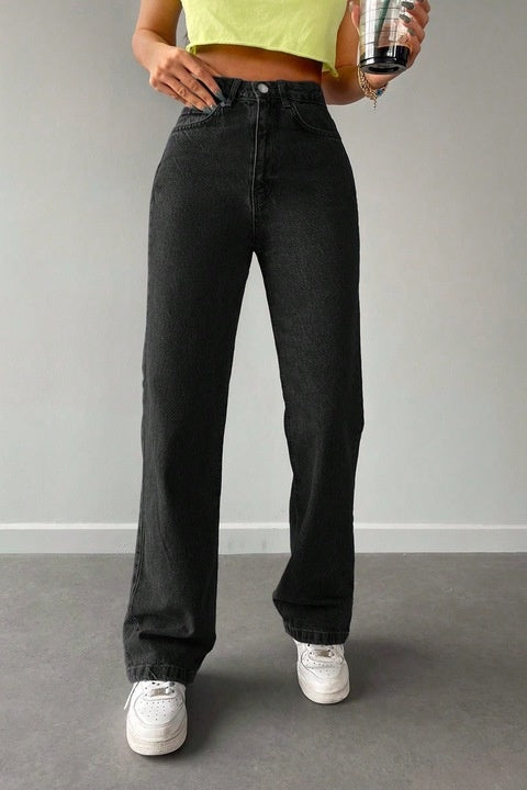 Blugi Dama, Croiala Mom Fit Si Culoare Solida