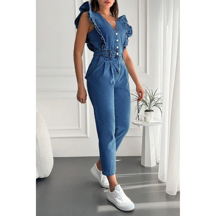 Salopeta Dama, Din Denim, Cu Volane La Umeri