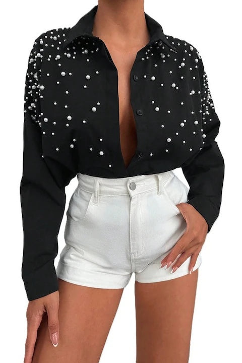 Camasa Dama, Bumbac, Casual, Eleganta, Decorata Cu Perle Si Margele