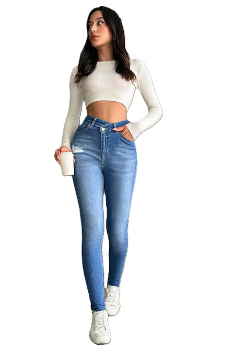 Blugi Ripped Skinny Jeans Dama, Cu Talie Inalta