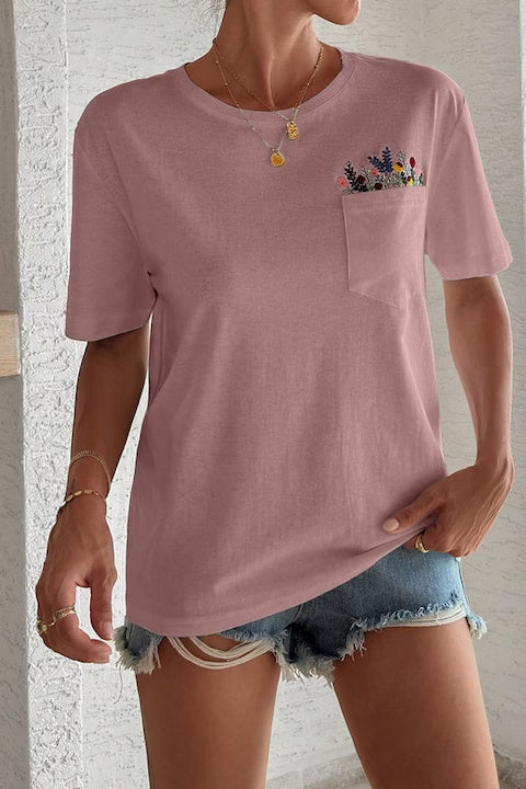 Tricou Dama, Bumbac, Cu Buzunar; Borderie Buchet Flori
