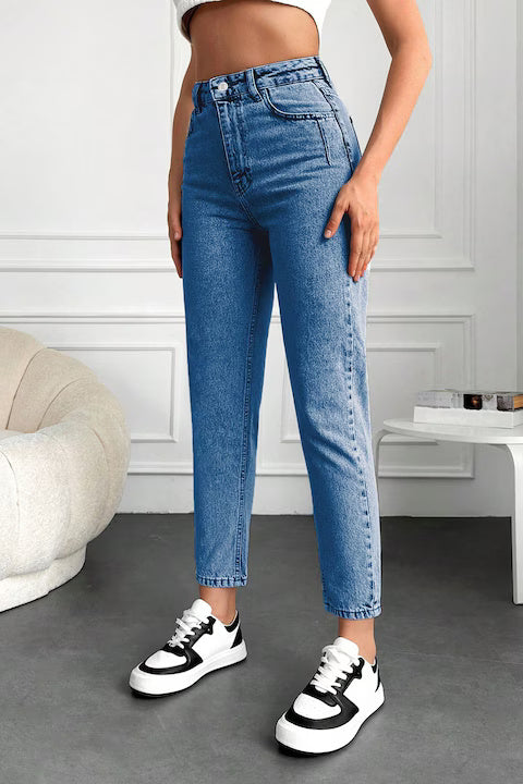 Blugi Dama, Croiala Cropped Mom-Fit Si Culoare Solida