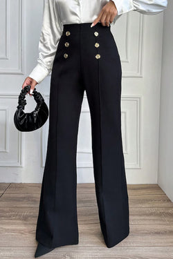 Pantaloni Dama, Evazati, Cu Talie Inalta, Decorati Cu Nasturi Dubli